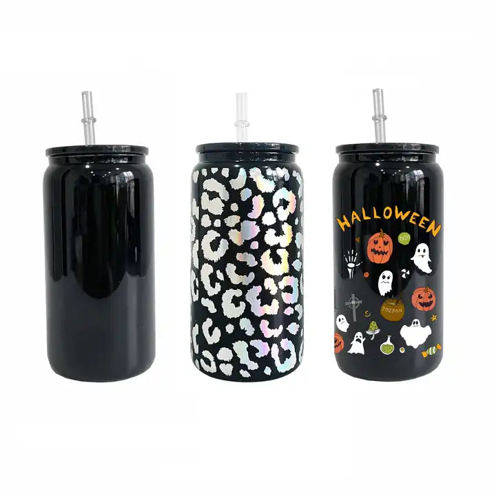 16oz Case(25 Untis) Sublimation Glossy Black Beer Glass Can Plastic Lid