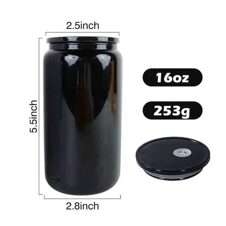 16oz Case(25 Untis) Sublimation Glossy Black Beer Glass Can Plastic Lid