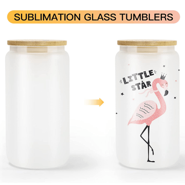 16oz CASE (32/16 UNITS) Sublimation Glass Tumbler With Straws And Bamboo Lids Transparent/Frosted