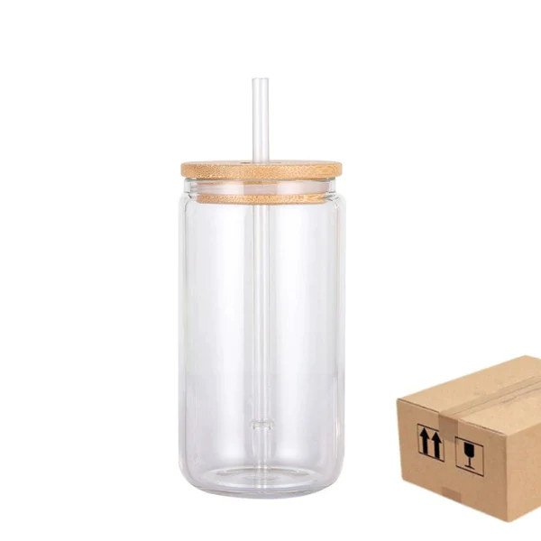 16oz CASE (32/16 UNITS) Sublimation Glass Tumbler With Straws And Bamboo Lids Transparent/Frosted